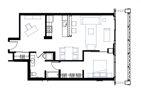 Floor plan for 1 bed, 1 bath, 886 sqft